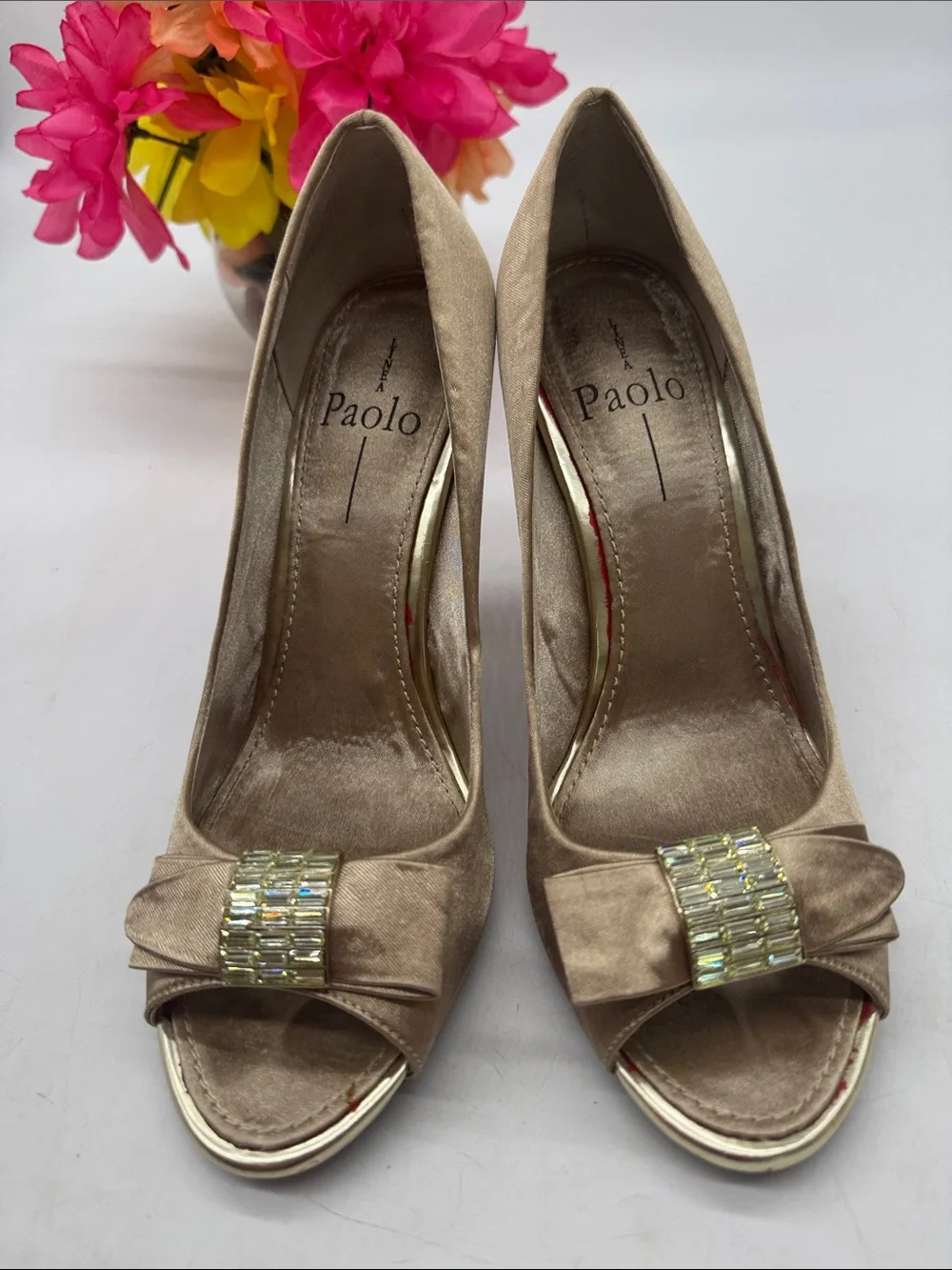 Paolo Taupe Satin Peep-Toe Heels with Bow and Rhinestone Accent 7.5 MCH10103G